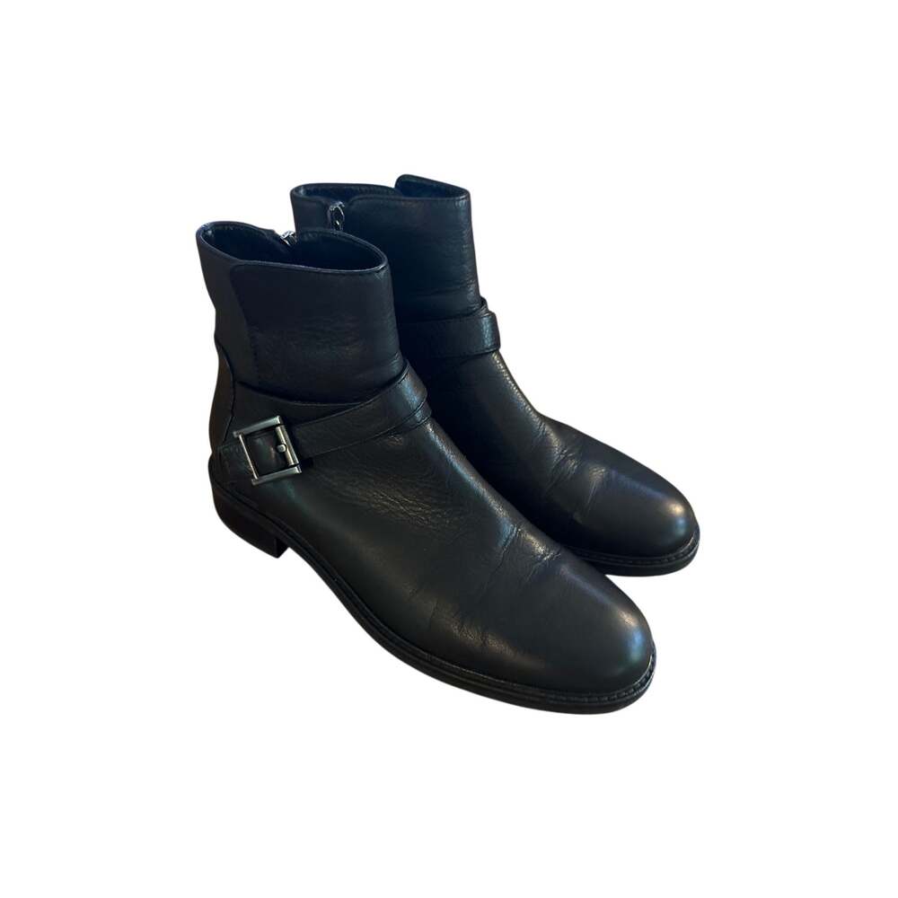 Women 8.5 Aquatalia Italy Bree Black Zip Ankle Boot Leather Buckle Biker Bootie